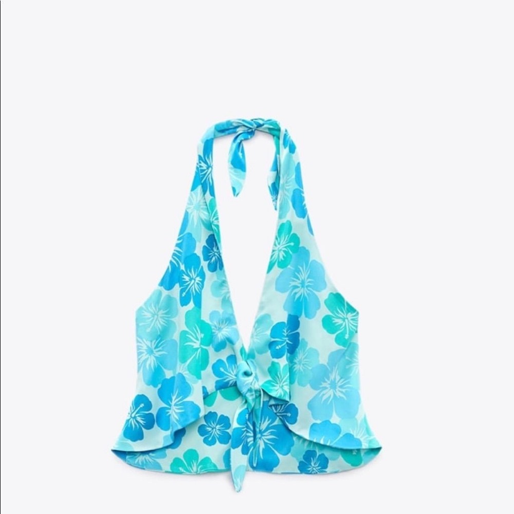 ZARA Tropical Floral Front Tie Halter Top Blue Teal Cropped Summer Womens L